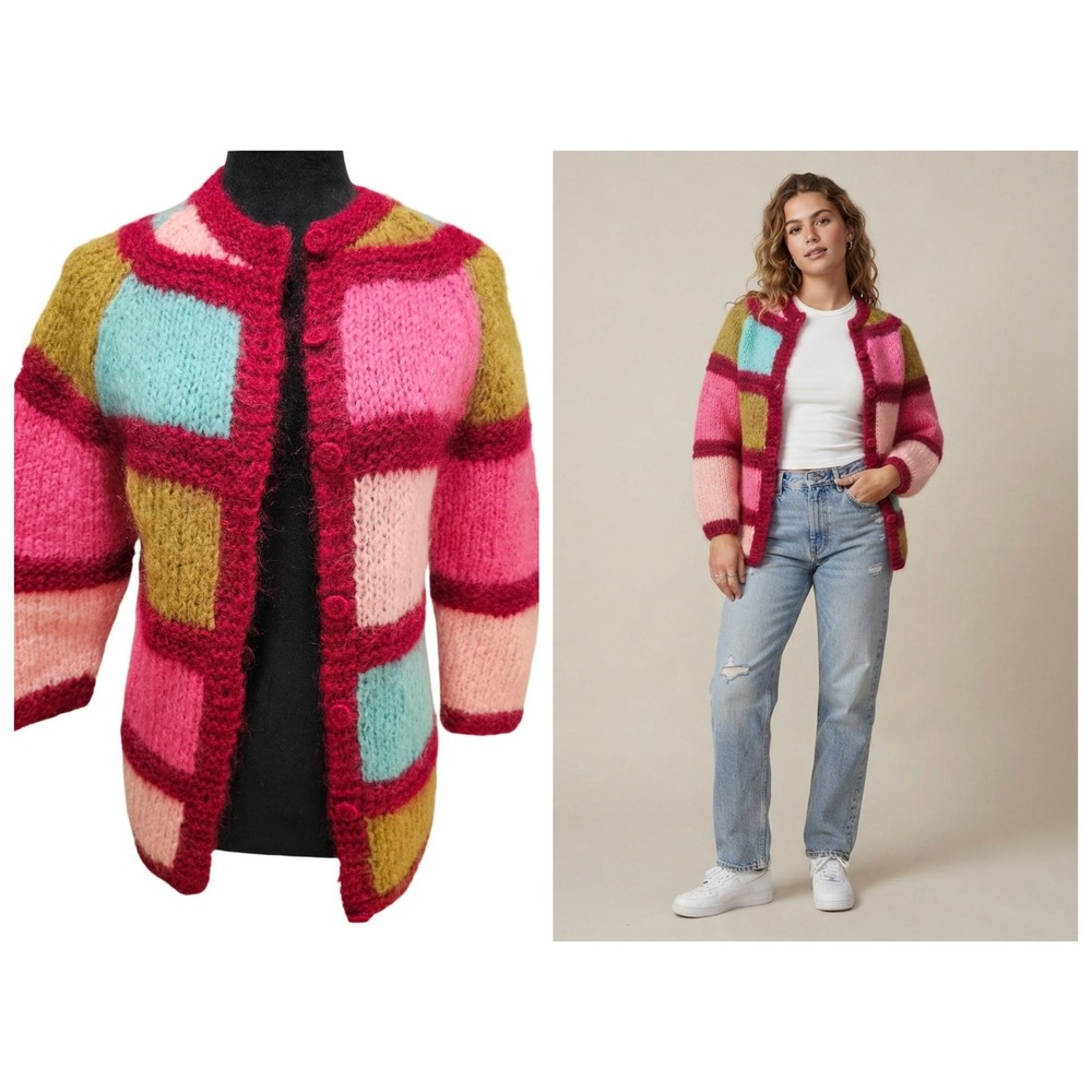 VINTAGE Colebrook Sweater Cardigan Small Pink Wool Mohair Hand Knit in Italy
